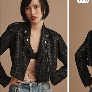 NWOT- Anthropologie Black Sequin Bomber Jacket with Asymmetrical Zipper